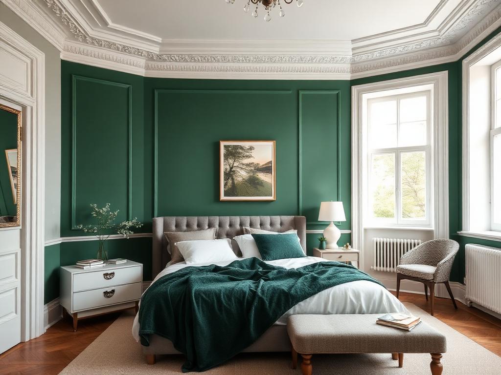 Slaapkamer in diep bosgroen